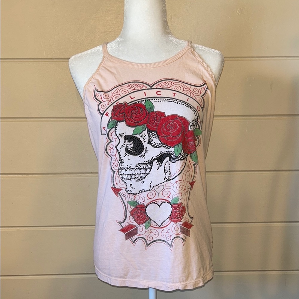 Rare Affliction Skull & Roses Rhinestone Crochet Trim Racerback Tank Top Size M
